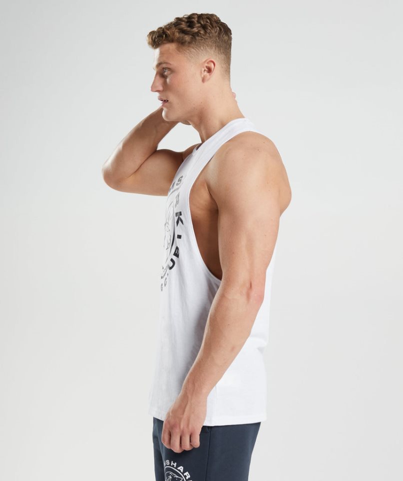 Men's Gymshark Legacy Drop Arm Tanks White | NZ 1MSJIU